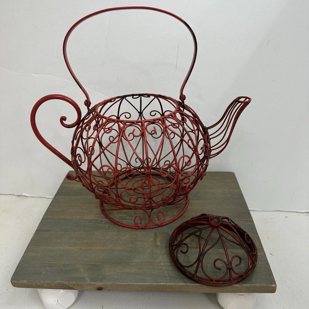 Vtg Large Metal Teapot Basket Filigree Tea Time Metal Home Decor Rustic W Handle